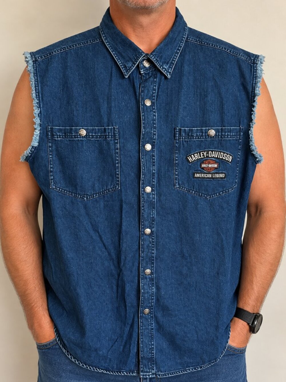 Harley-Davidson Men’s XL Dark Blue Denim Sleeveless Shirt Western Biker